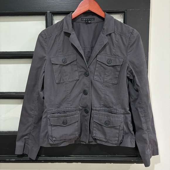 Theory Irenne Canvas Jacket Utility Light Blazer Gray Four Pockets Casual Sz 6 - Picture 1 of 10